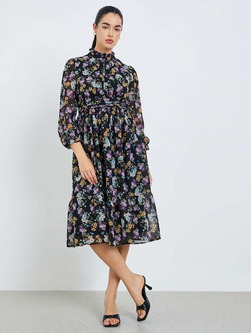 women floral print puff sleeve tiered dress