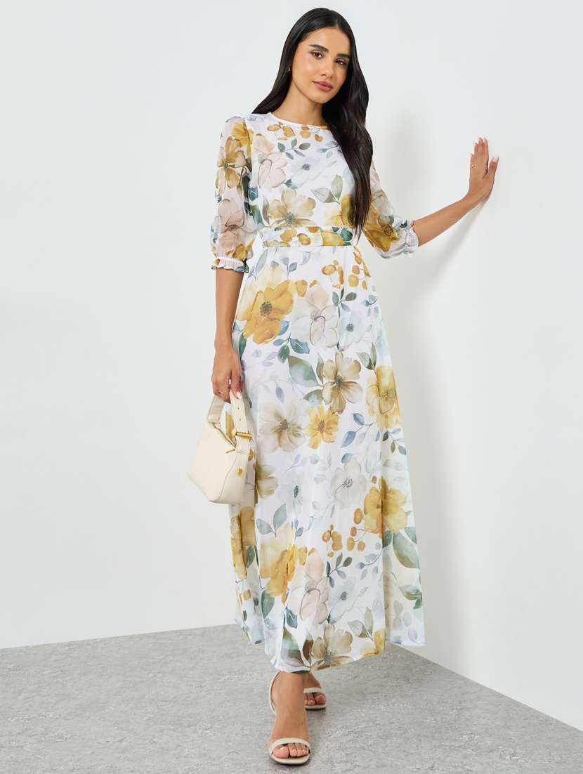 women floral print puff sleeve a-line dress