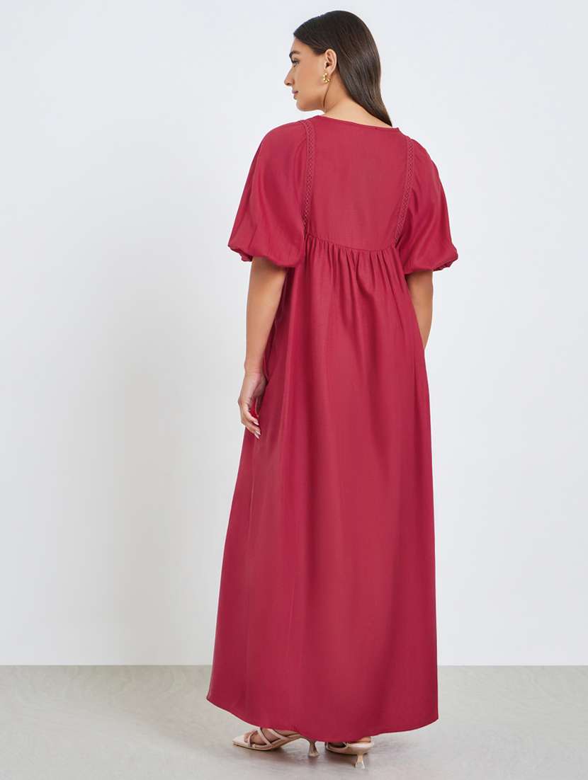 women solid puff sleeve a-line dress - 22397893 -  Standard Image - 3