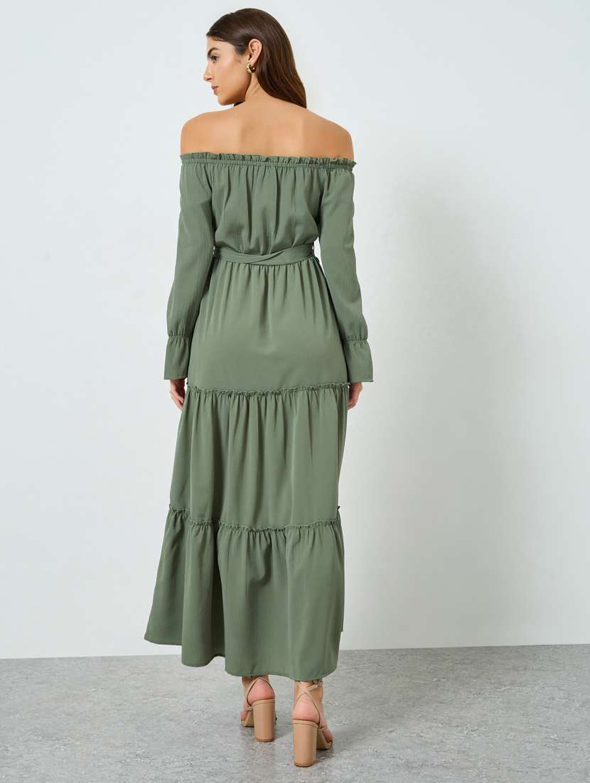 women solid off shoulder bell sleeve tiered dress - 22397894 -  Standard Image - 3