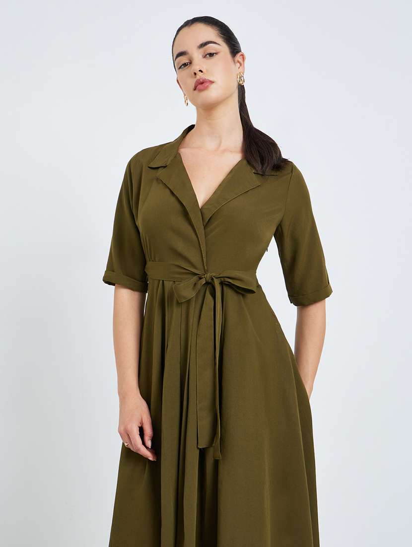 women solid lapel neck short sleeve a-line dress - 22397895 -  Standard Image - 3