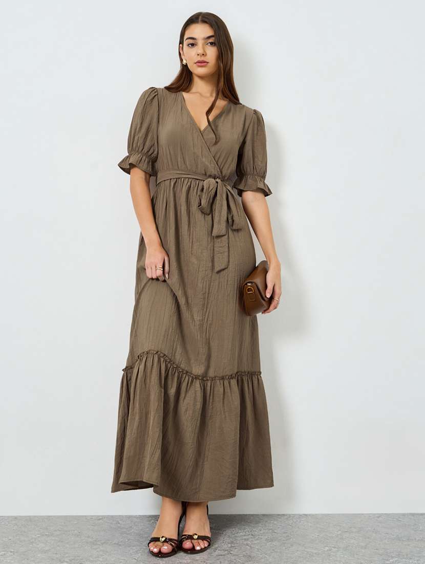 women solid puff sleeve tiered dress
