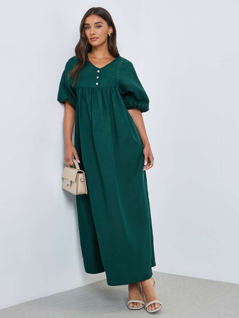women solid puff sleeve maxi a-line dress