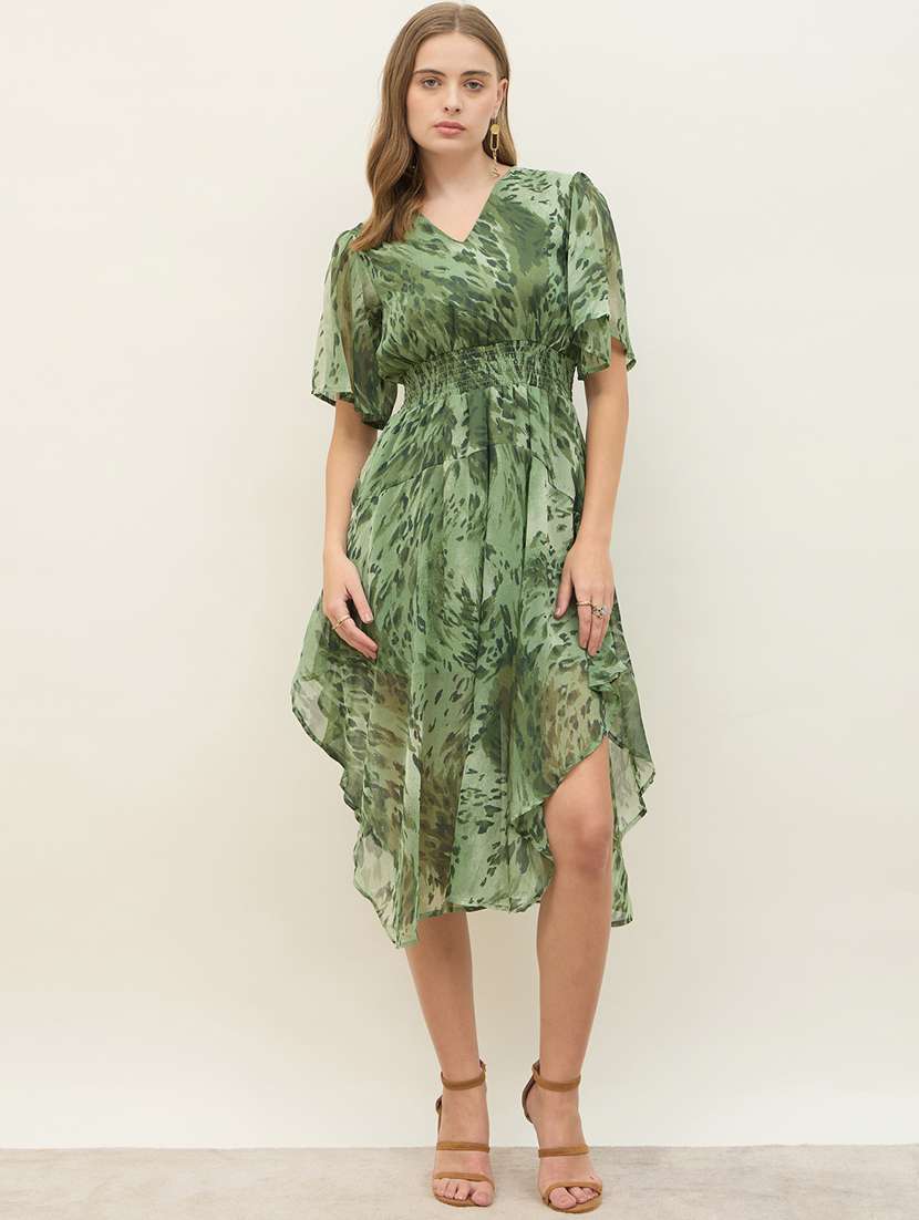 women printed flared sleeve asymmetric dress