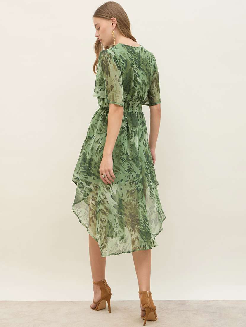 women printed flared sleeve asymmetric dress - 22397899 -  Standard Image - 3