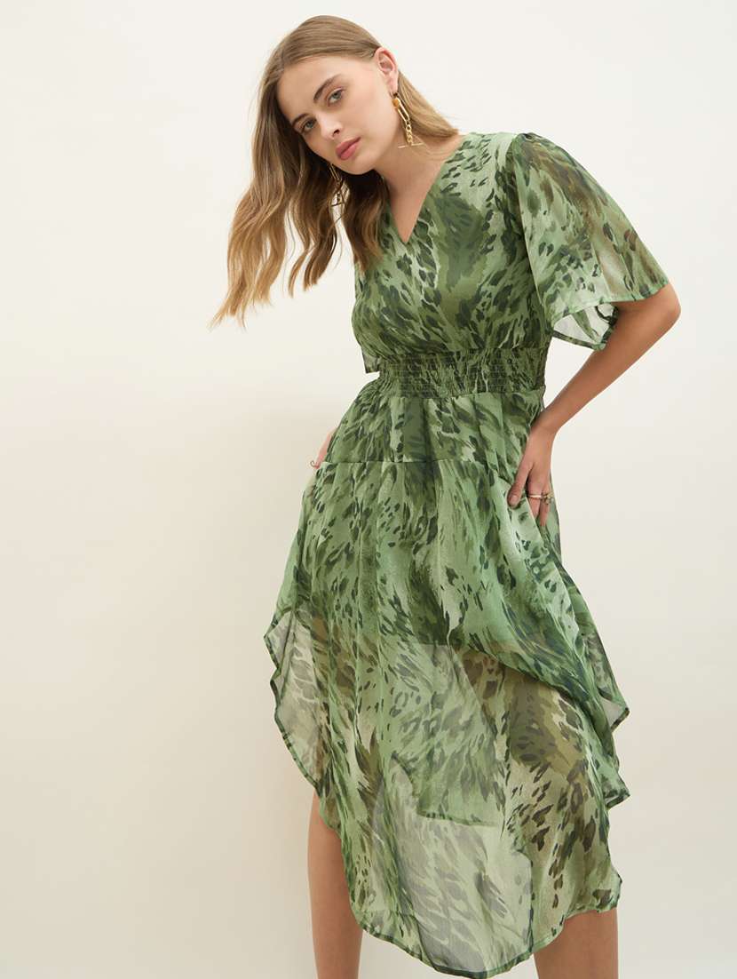 women printed flared sleeve asymmetric dress - 22397899 -  Standard Image - 5