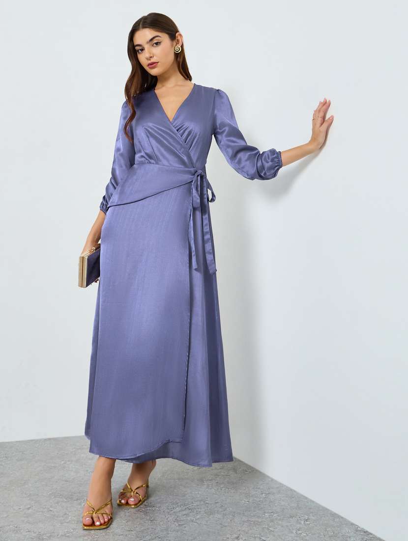 women solid long sleeve wrap dress