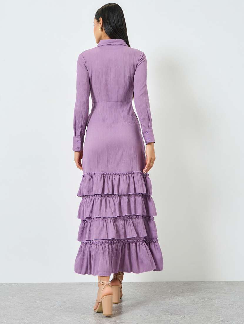 women solid collared long sleeve ruffle dress - 22397903 -  Standard Image - 3