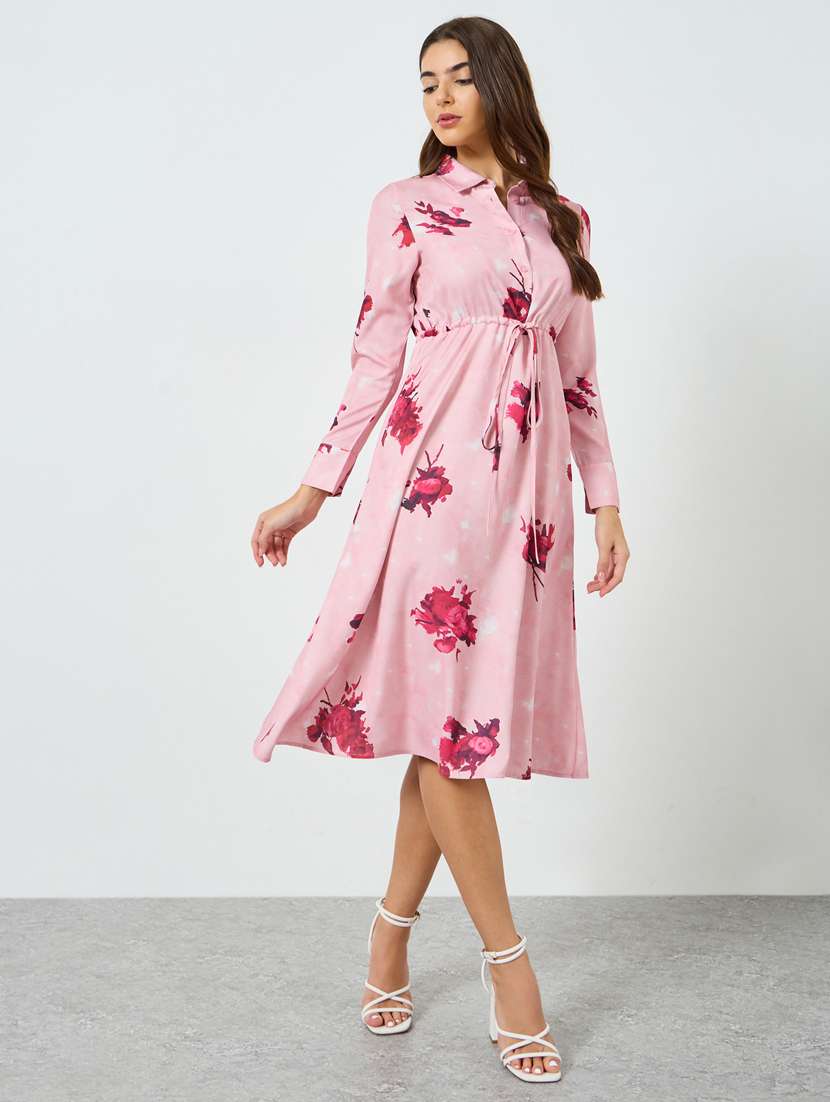 women flora print long sleeve a-line dress