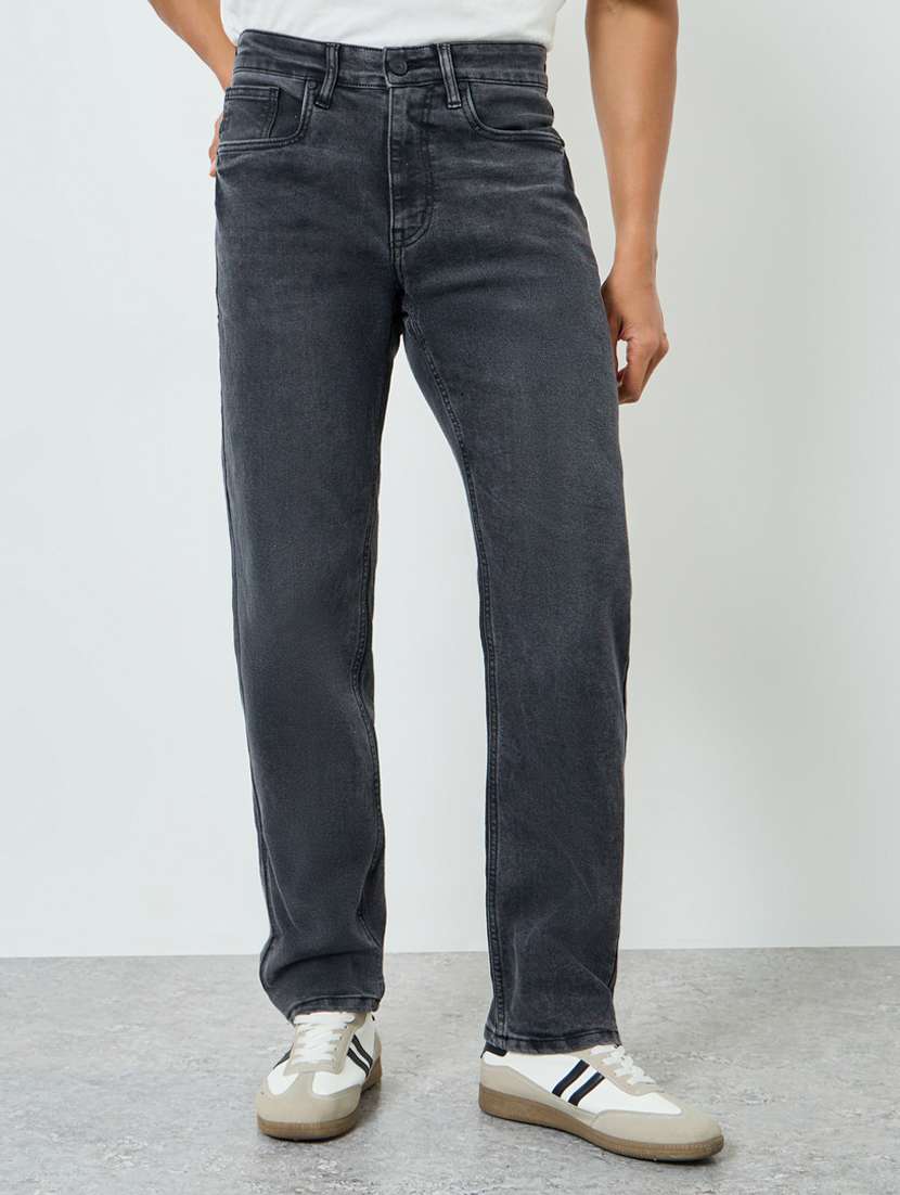 men plain mid rise full length straight jeans
