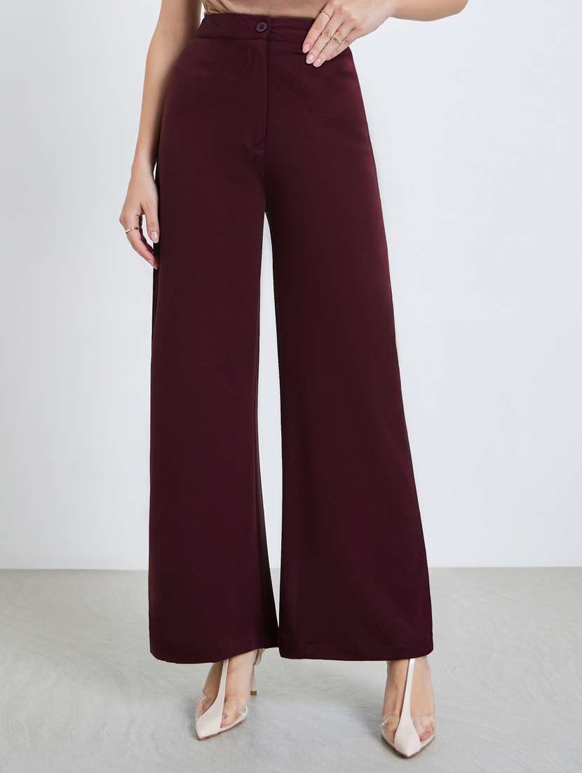 women solid highr rise wide leg trouser