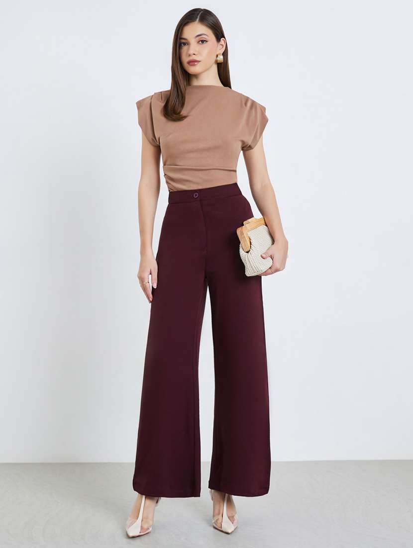 women solid highr rise wide leg trouser - 22397977 -  Standard Image - 3
