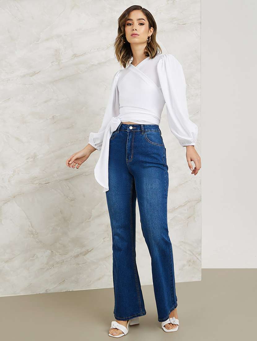 women solid puff sleeve crop top - 22397984 -  Standard Image - 3