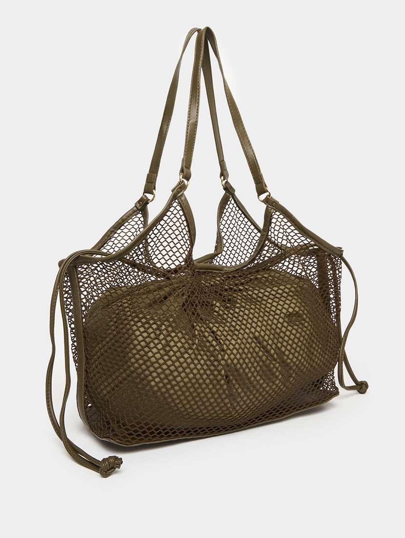 women olive solid net tote