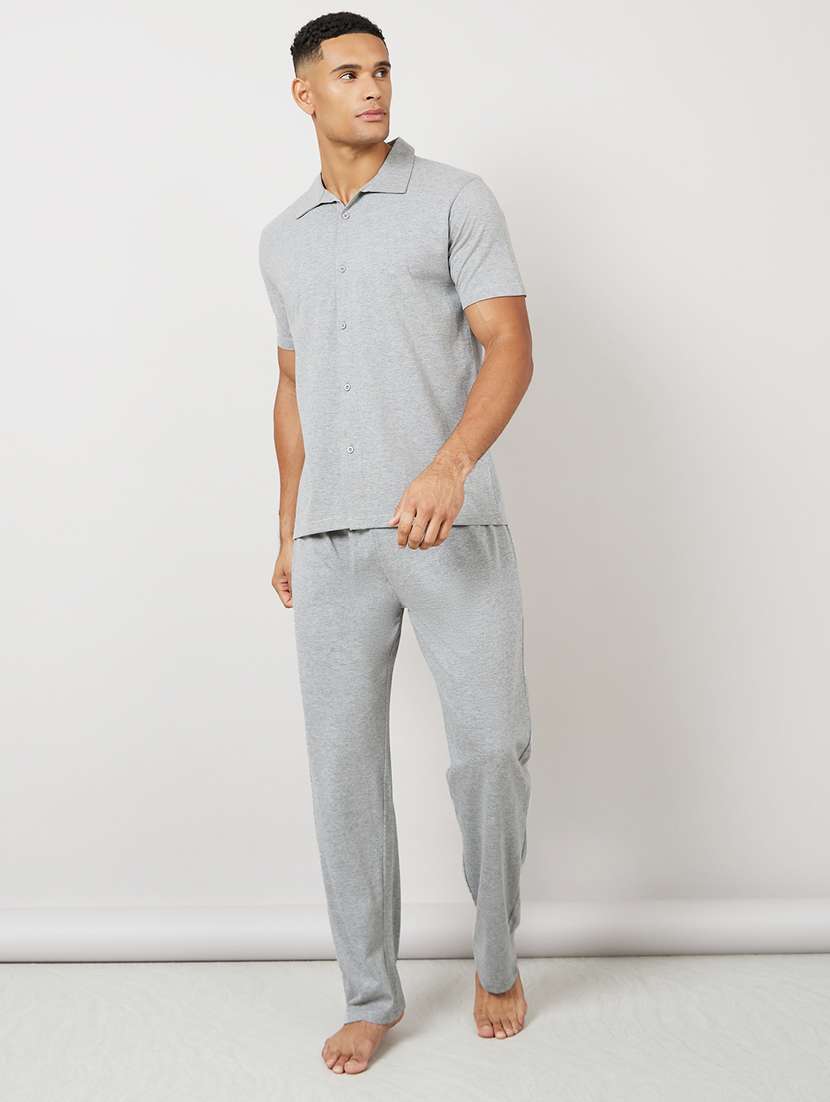 men solid short sleeve sleepwear top bottom set 