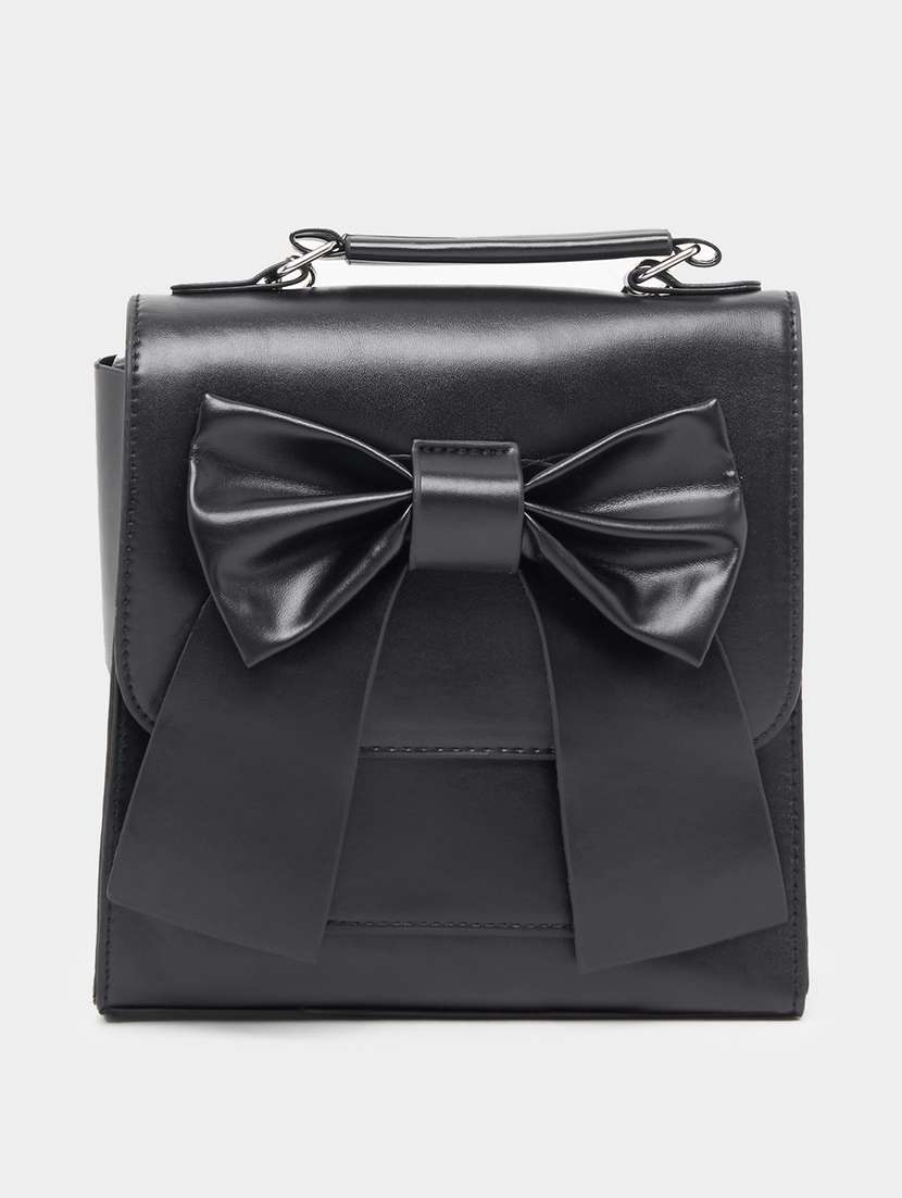 black solid handbag with bow closure