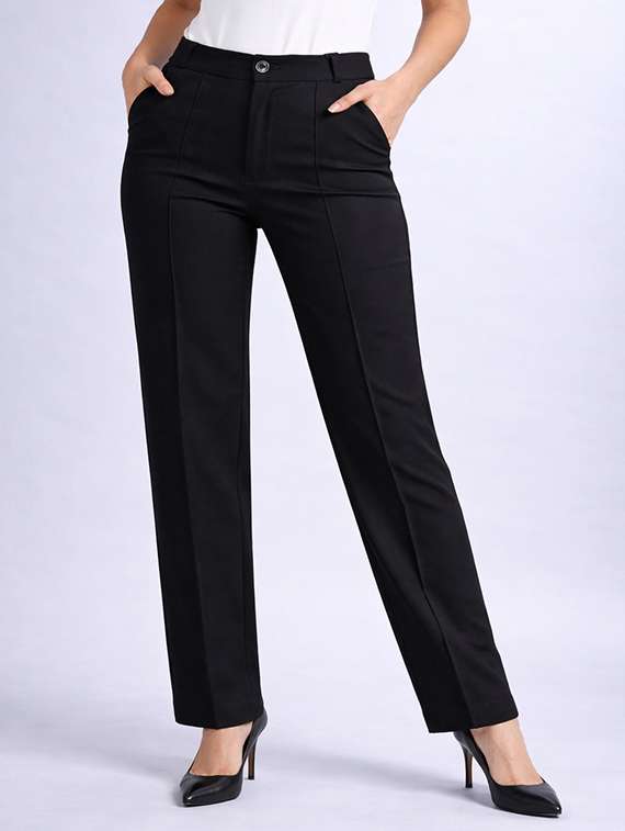women solid high rise straight trouser