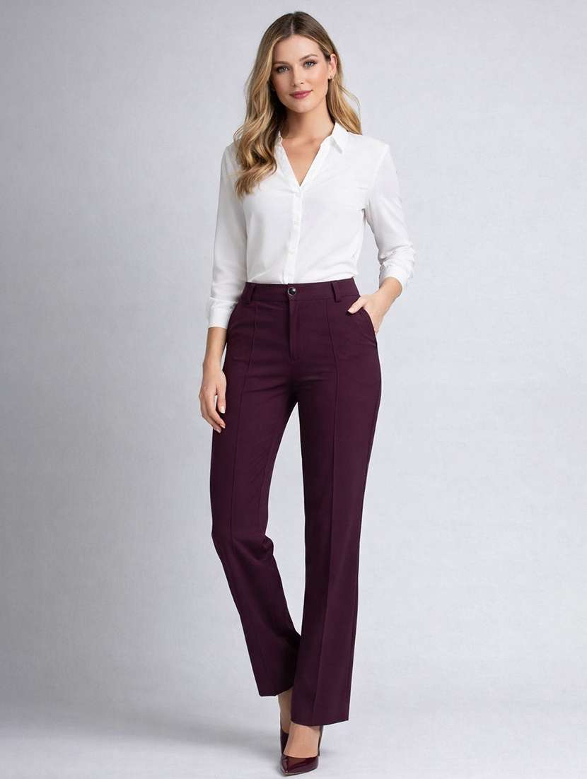 women solid high rise straight trouser - 22399453 -  Standard Image - 3
