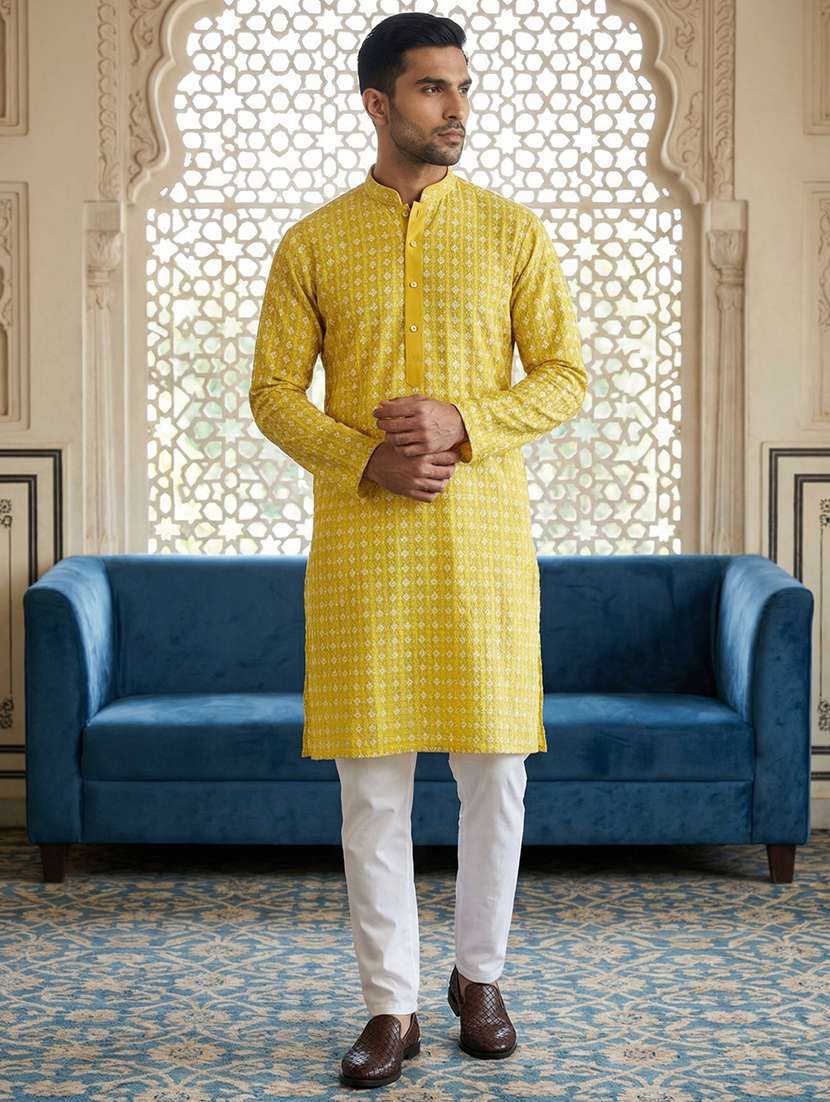 men solid with work mandarin neck kurta pyjama set