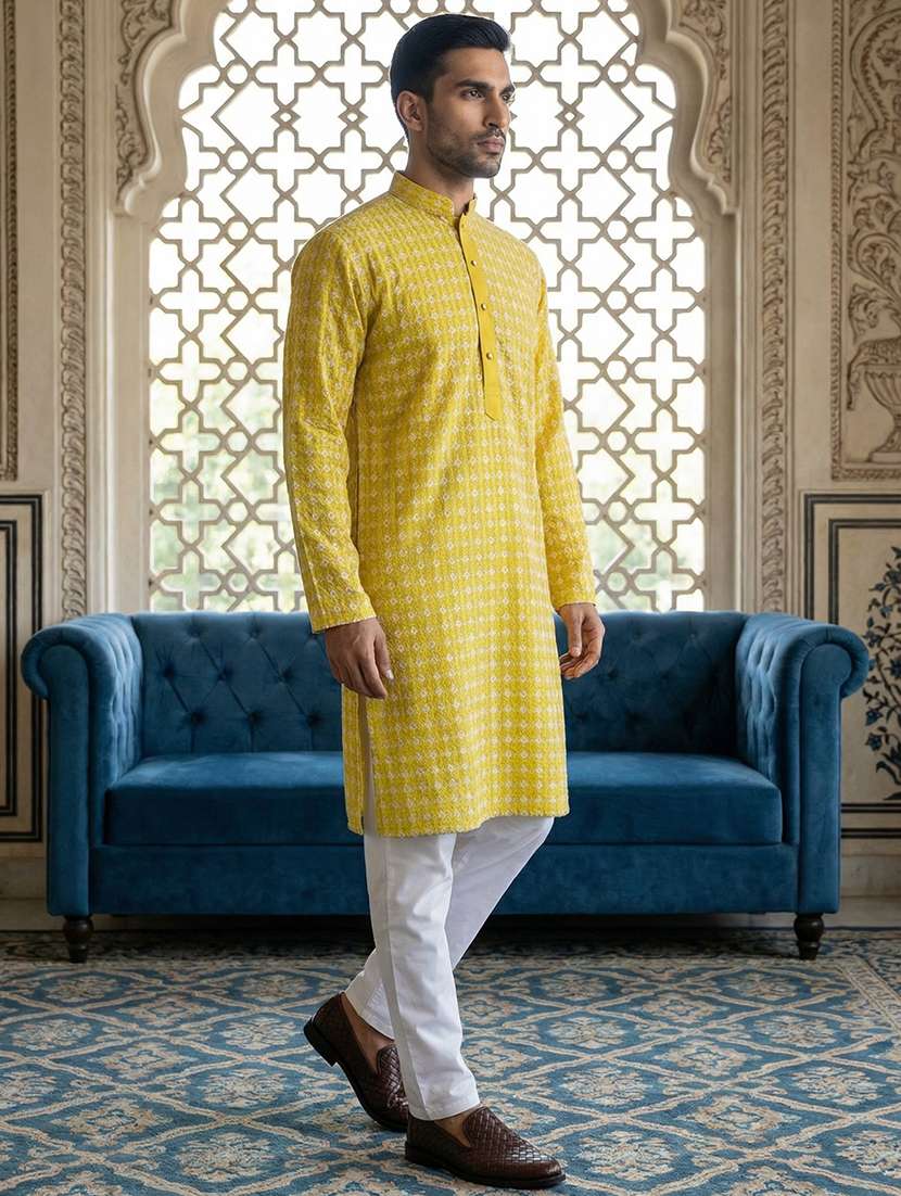 men solid with work mandarin neck kurta pyjama set - 22399467 -  Standard Image - 3