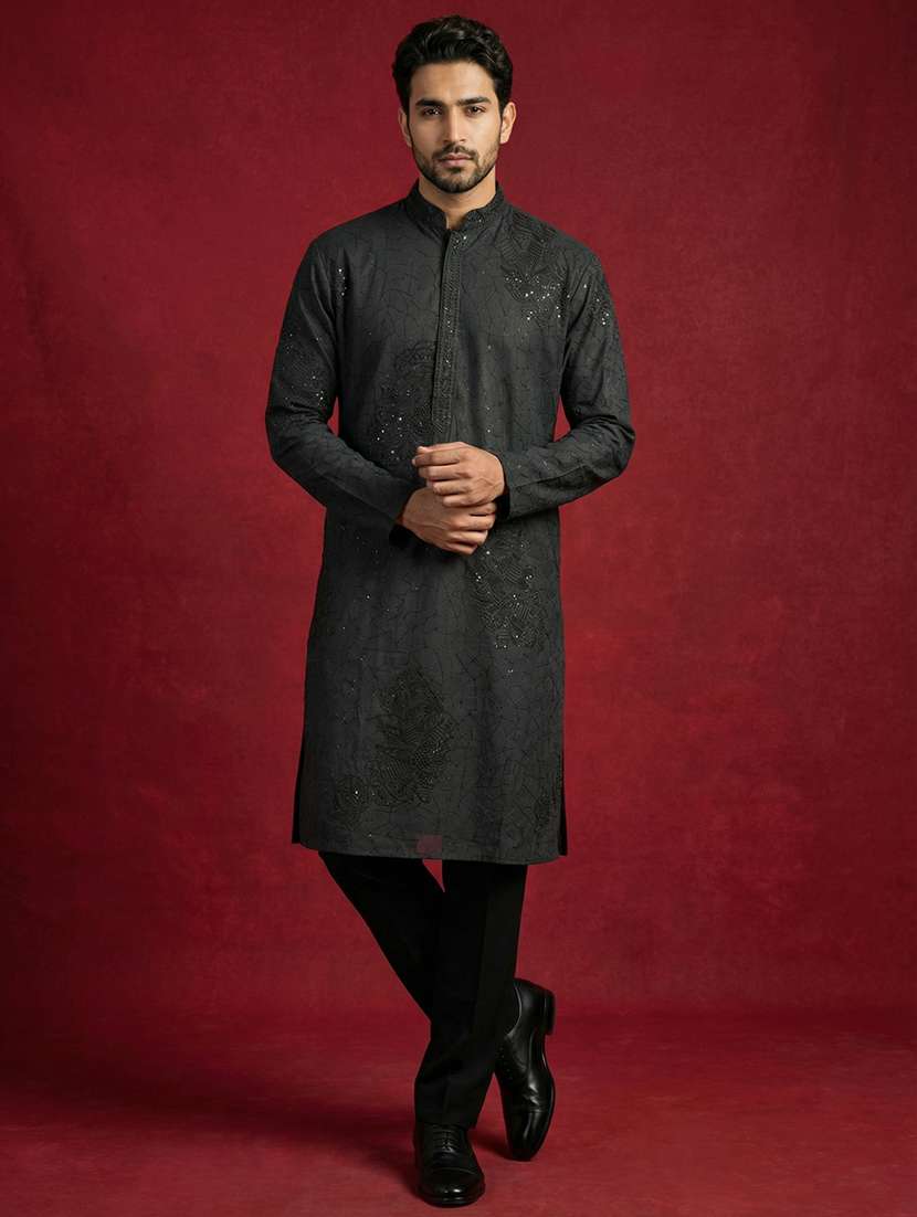 men solid with work mandarin neck kurta pyjama set