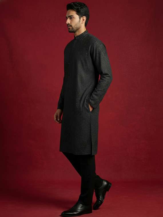men solid with work mandarin neck kurta pyjama set - 22399468 -  Standard Image - 3