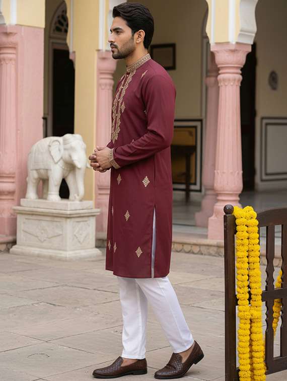 men solid with work mandarin neck kurta pyjama set - 22399470 -  Standard Image - 3