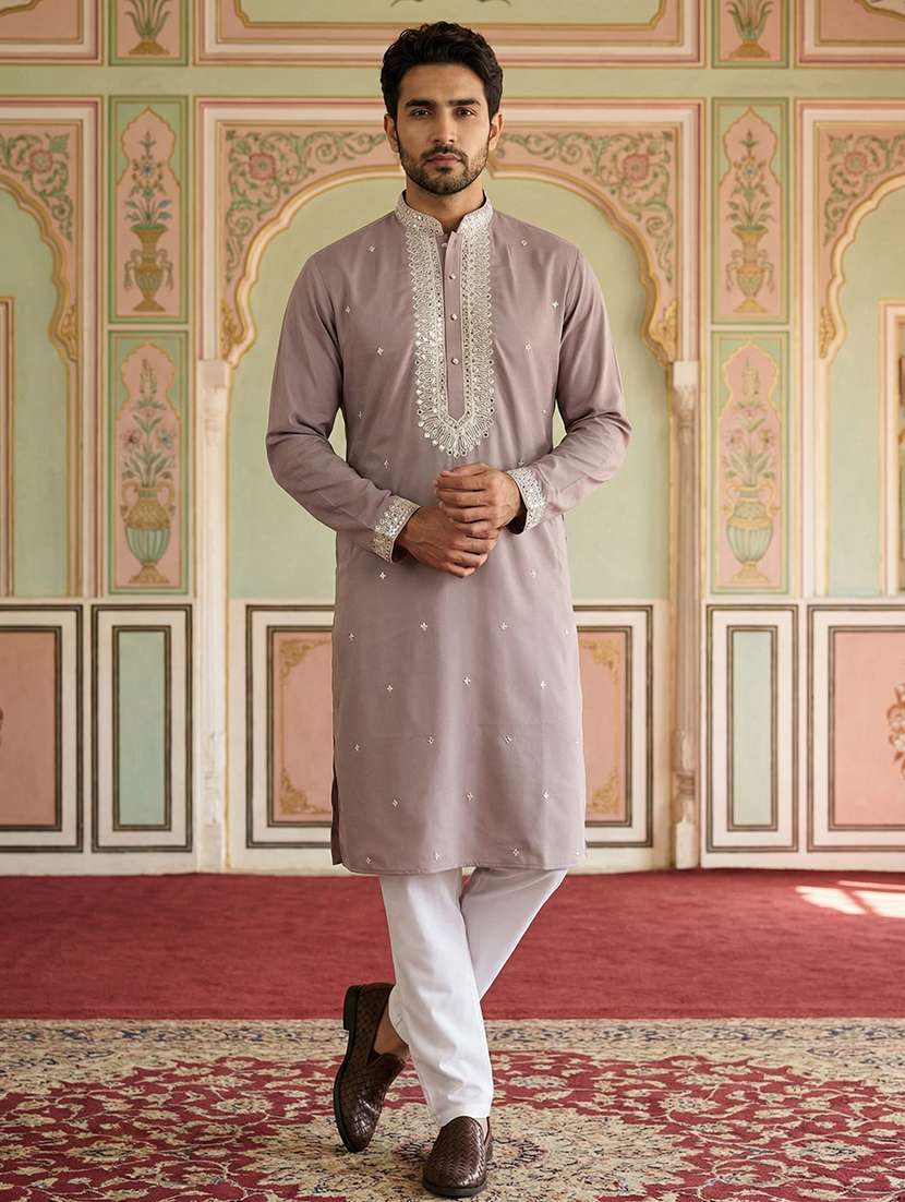 men solid with work mandarin neck kurta pyjama set