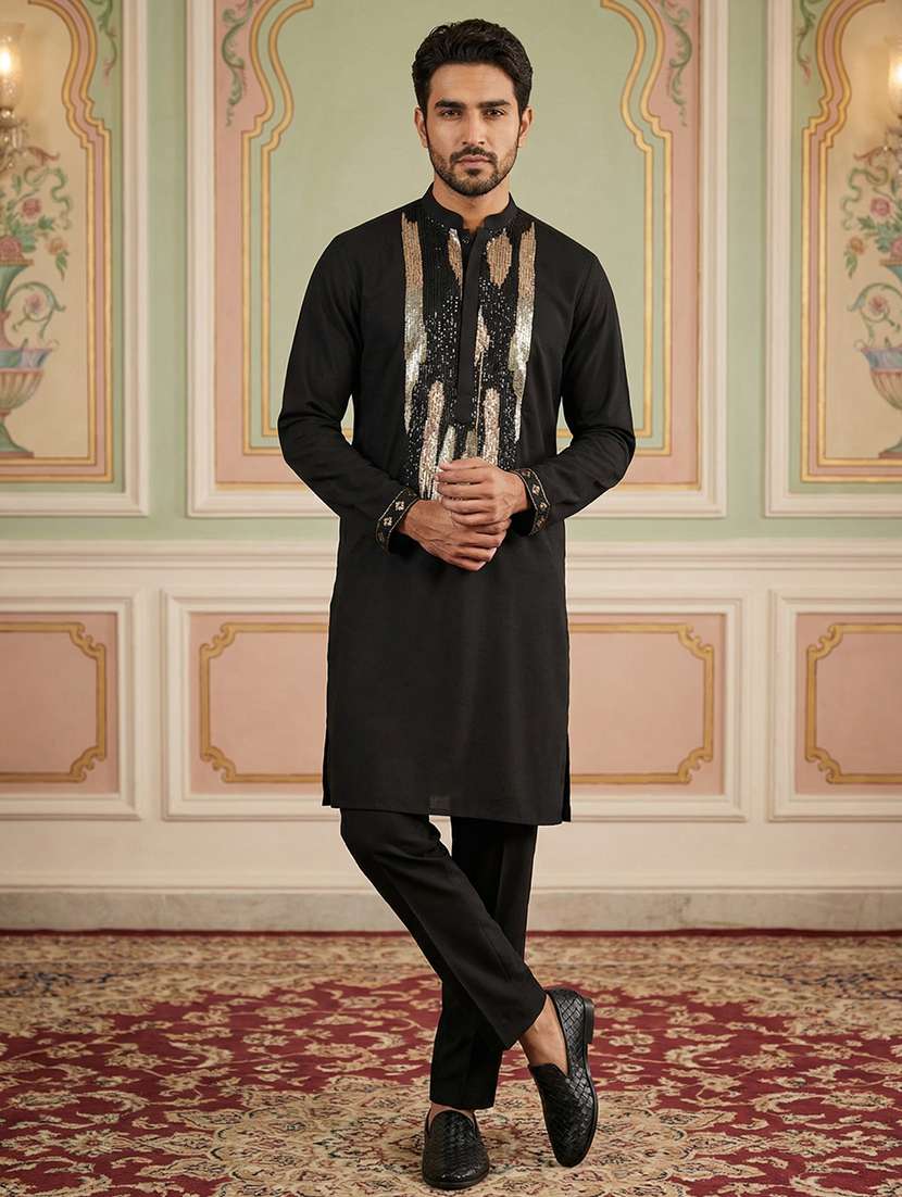 men solid with work mandarin neck kurta pyjama set