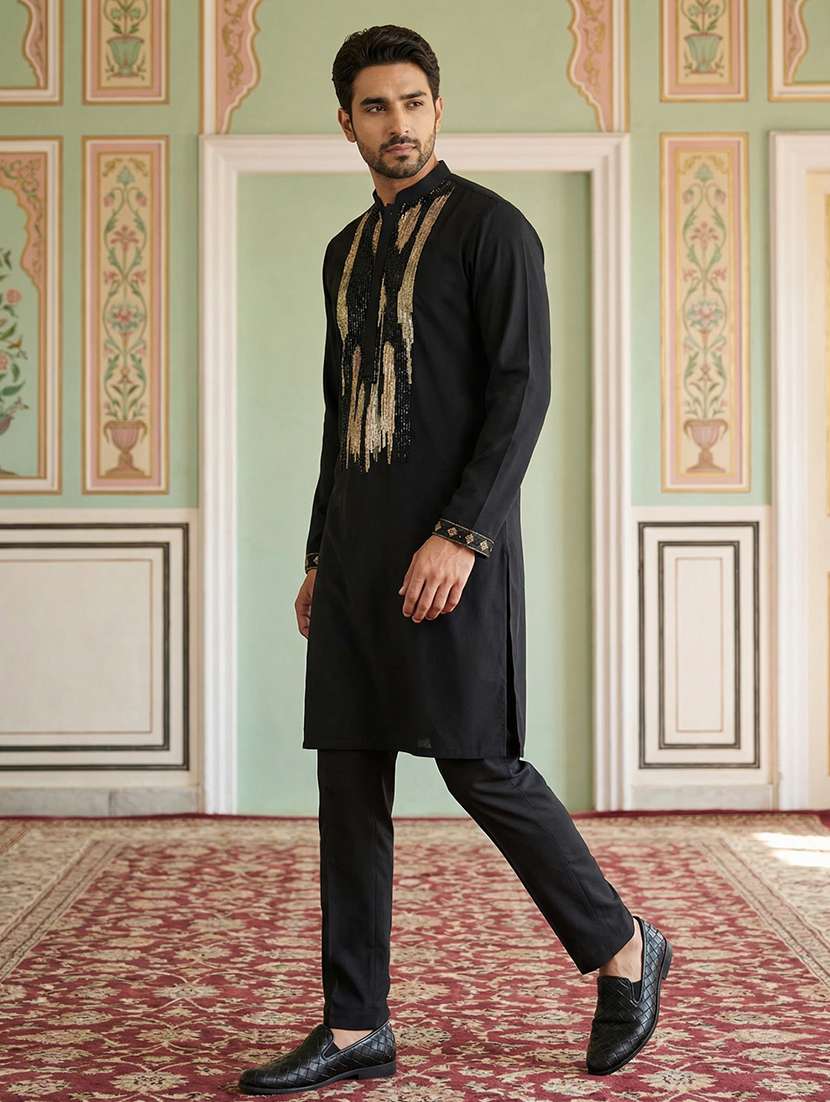 men solid with work mandarin neck kurta pyjama set - 22399476 -  Standard Image - 3