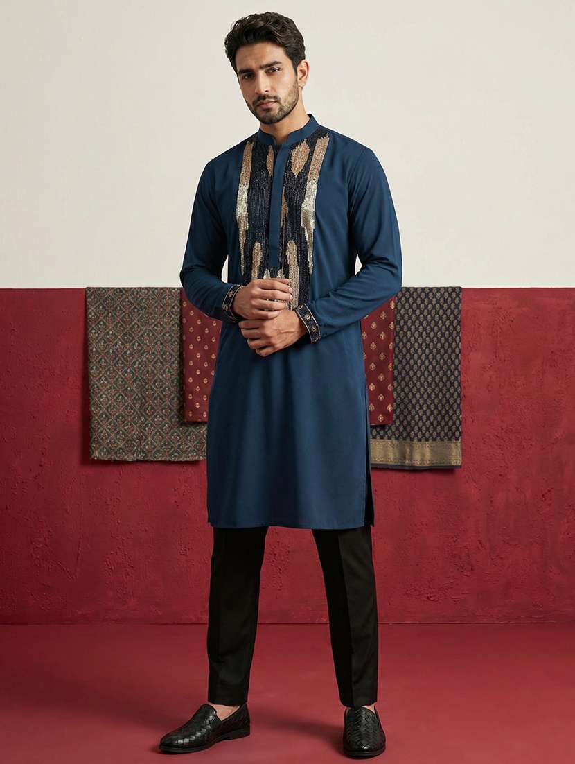 men solid with work mandarin neck kurta pyjama set