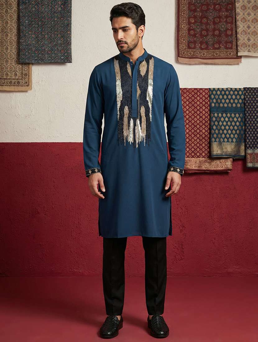men solid with work mandarin neck kurta pyjama set - 22399477 -  Standard Image - 3