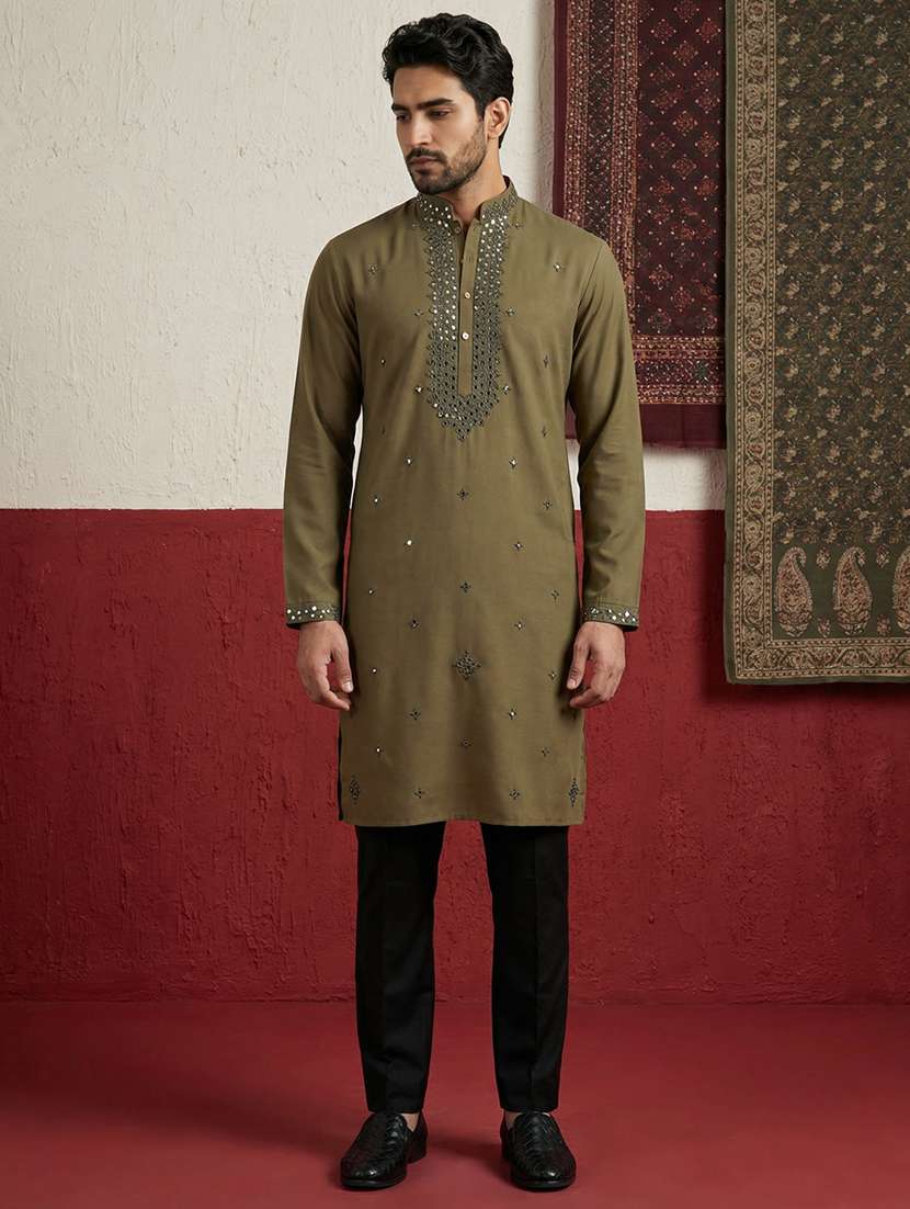 men solid with work mandarin neck kurta pyjama set - 22399481 -  Standard Image - 3