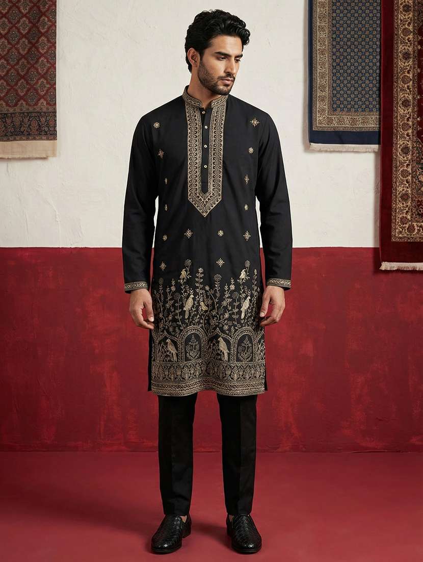 men solid with work mandarin neck kurta pyjama set
