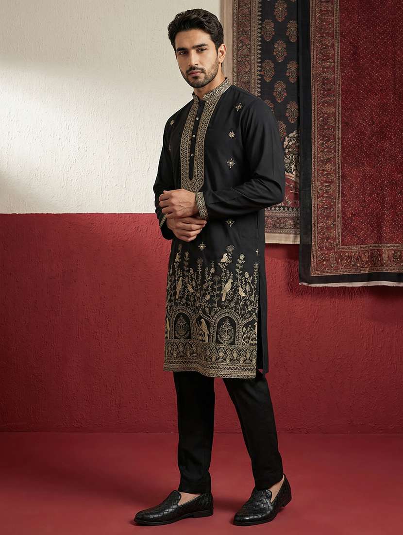 men solid with work mandarin neck kurta pyjama set - 22399488 -  Standard Image - 3
