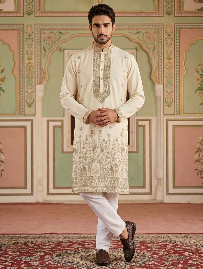 men solid with work mandarin neck kurta pyjama set