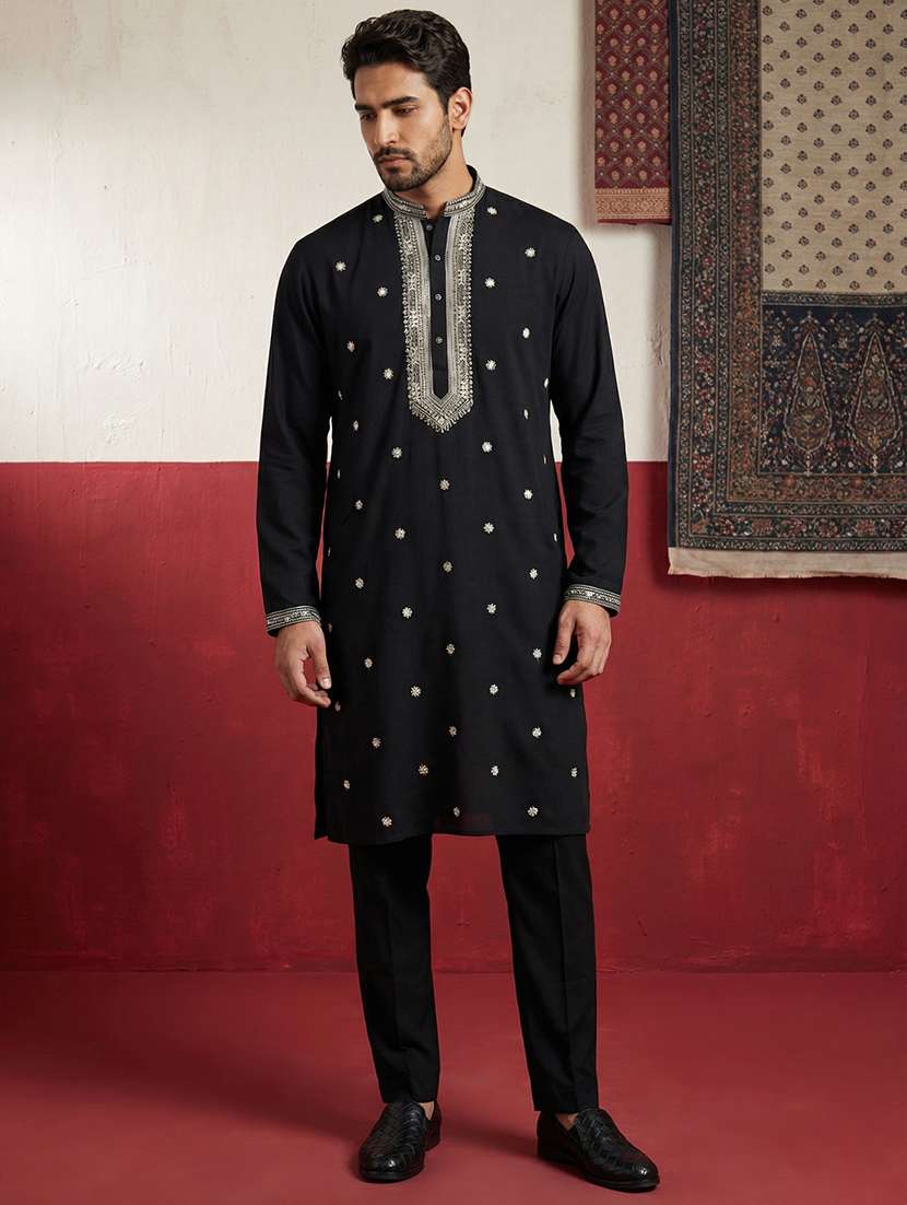 men solid with work mandarin neck kurta pyjama set - 22399490 -  Standard Image - 3