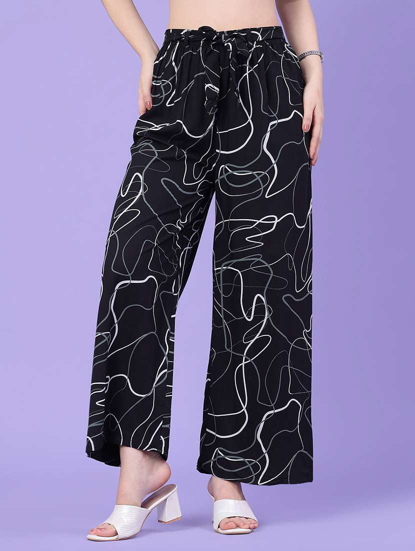 women printed mid rise wide leg trouser