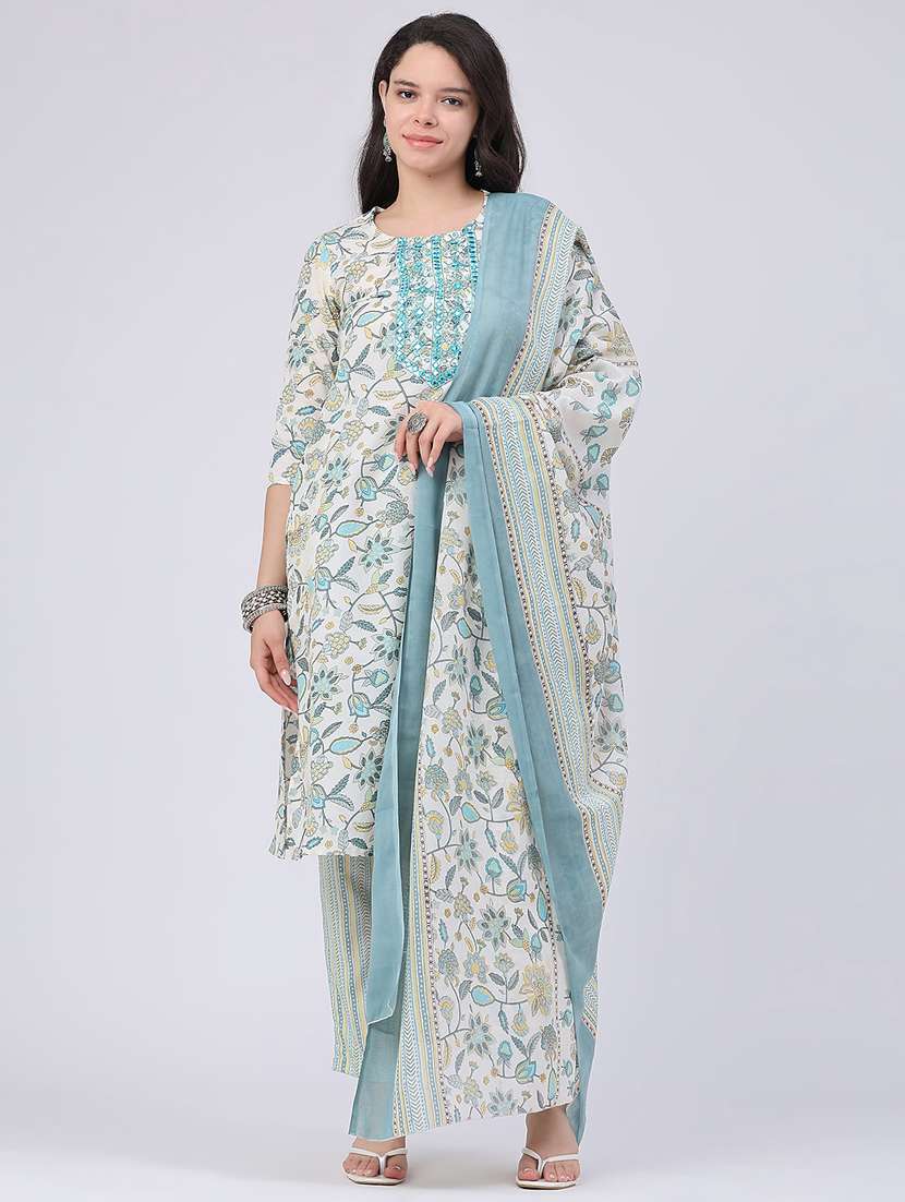 women printed three quarter sleeve kurta pant with dupatta set