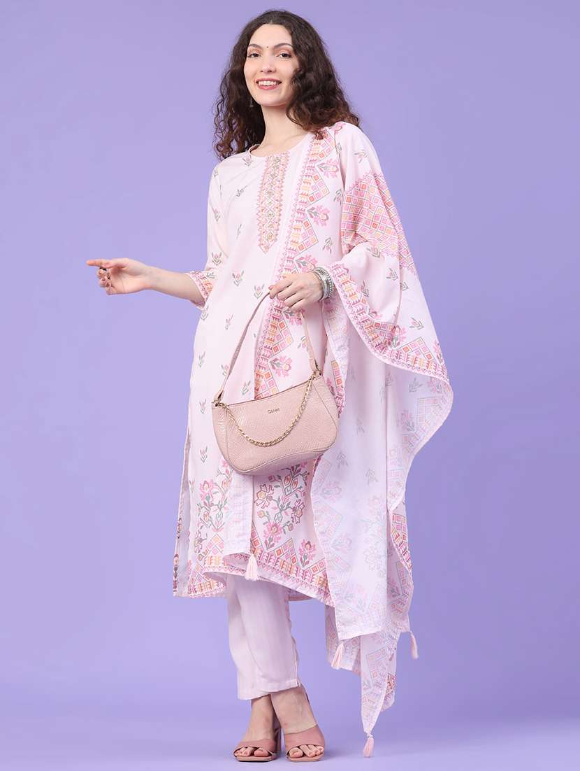 women printed three quarter sleeve kurta pant with dupatta set