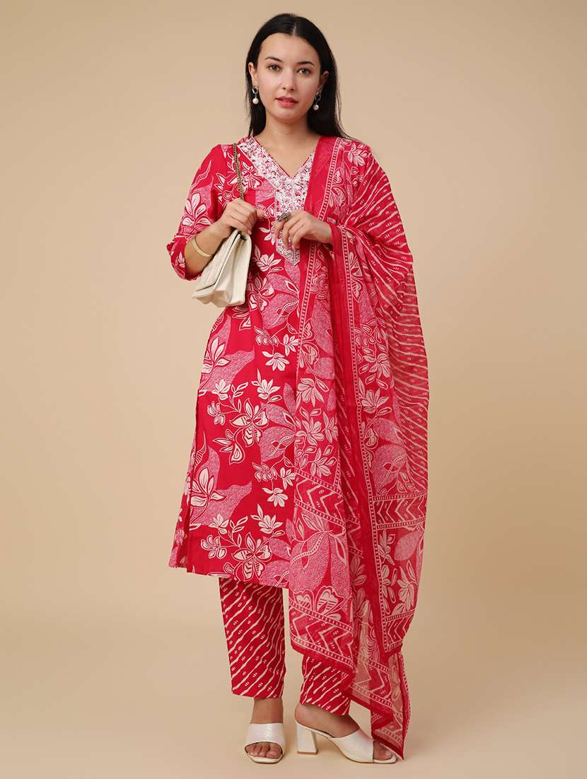 red cotton kurta dupatta  set