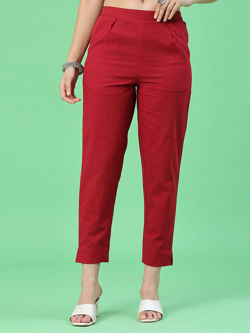 maroon cotton regular fit trousers