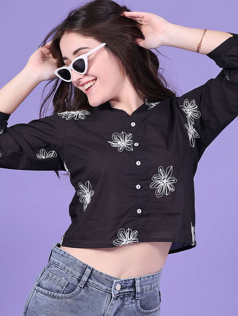 women embroidered three quarter sleeves crop top