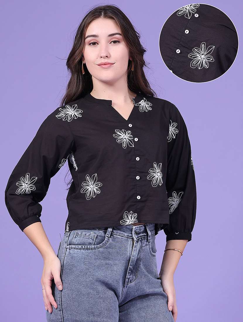 Women Embroidered Three Quarter Sleeves Crop Top - 22399760 -  Standard Image - 3