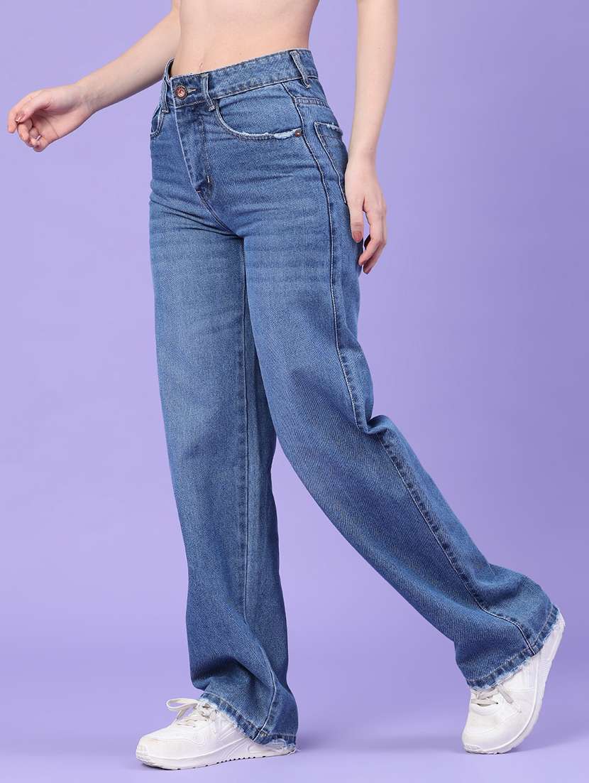 women washed high rise straight fit jeans