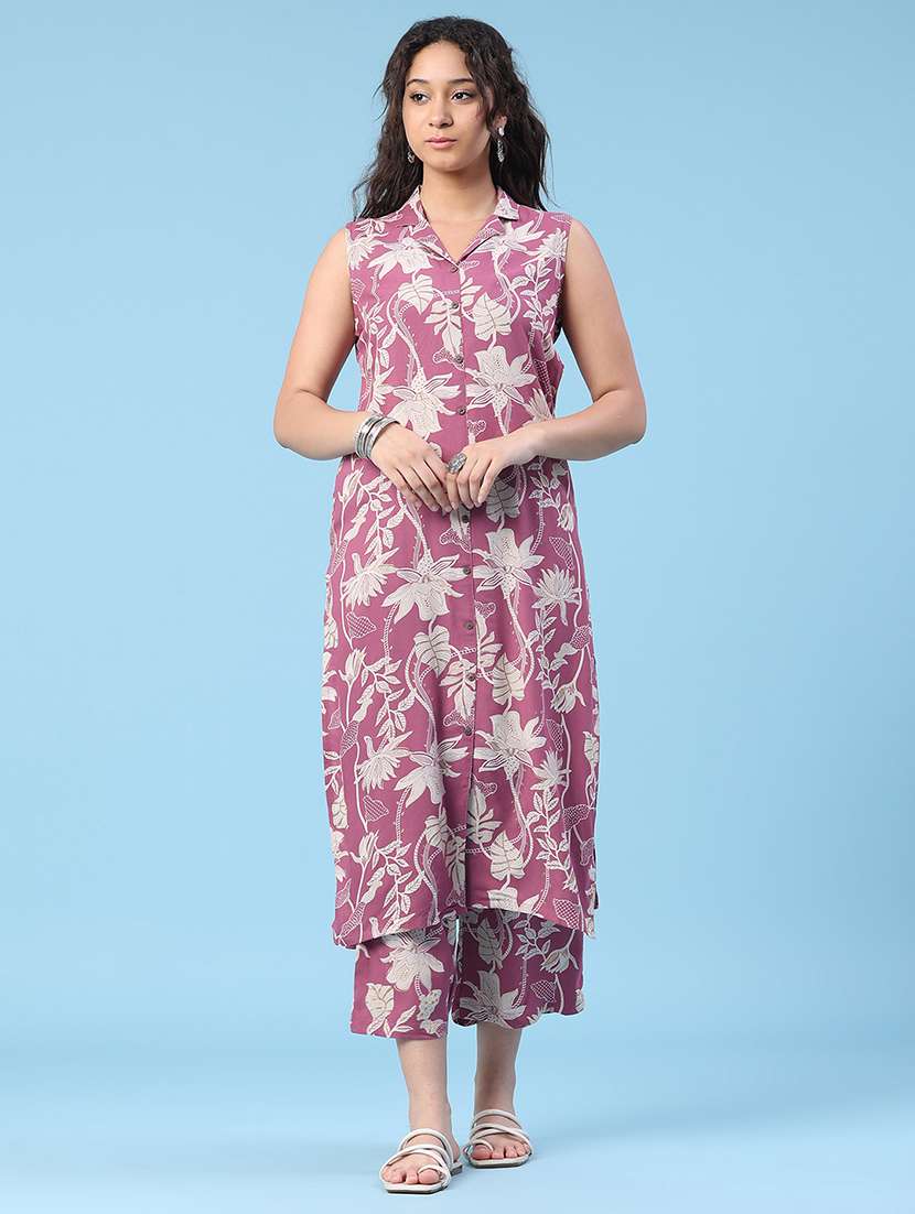 women printed sleeveless ethnic co-ord set