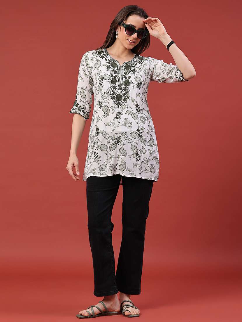 women floral three quarter sleeve straight kurti - 22400581 -  Standard Image - 5