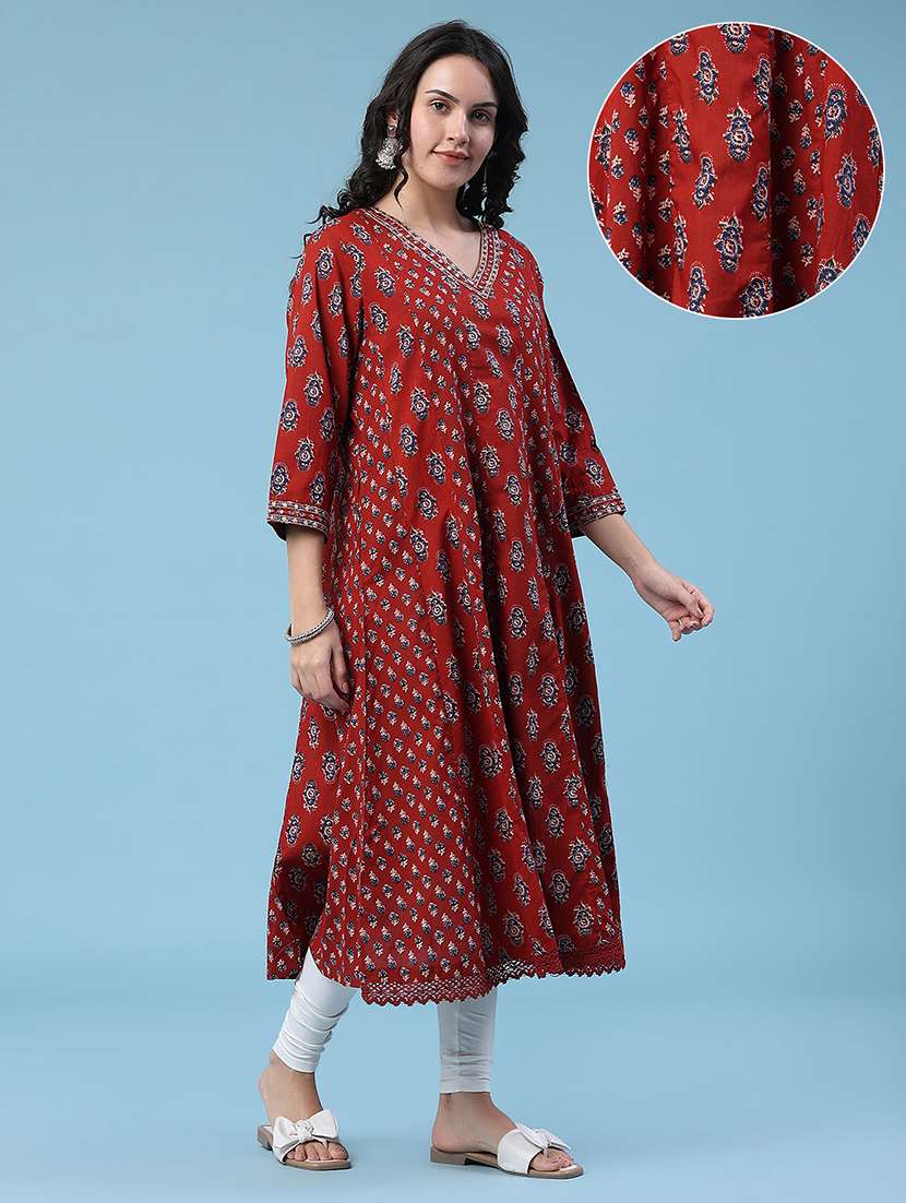 women printed three quarter sleeves flared kurta - 22400664 -  Standard Image - 3