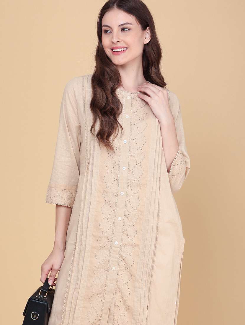 women solid with work three quarter sleeve straight kurta