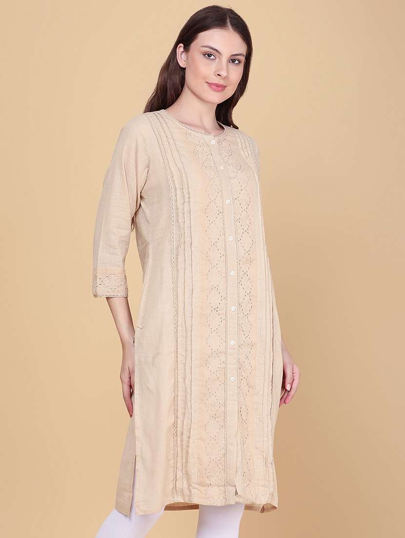 Women Solid With Work Three Quarter Sleeve Straight Kurta - 22400666 -  Standard Image - 3